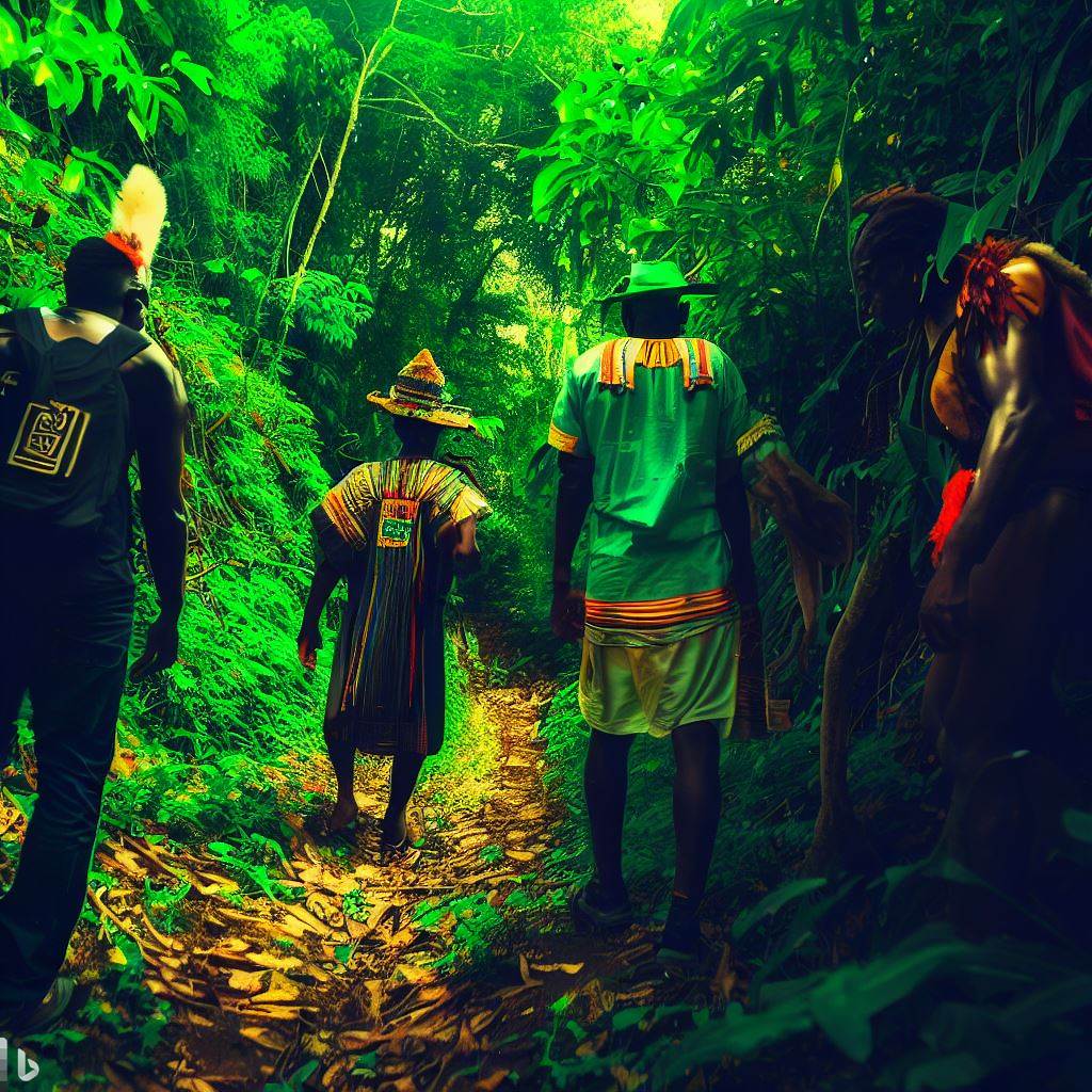 El arqueólogo caminando con indígenas a través de un sendero secreto en la selva. Estilo Amigable y misterioso, con tonos verdes y colores vibrantes en la vestimenta de los indígenas.